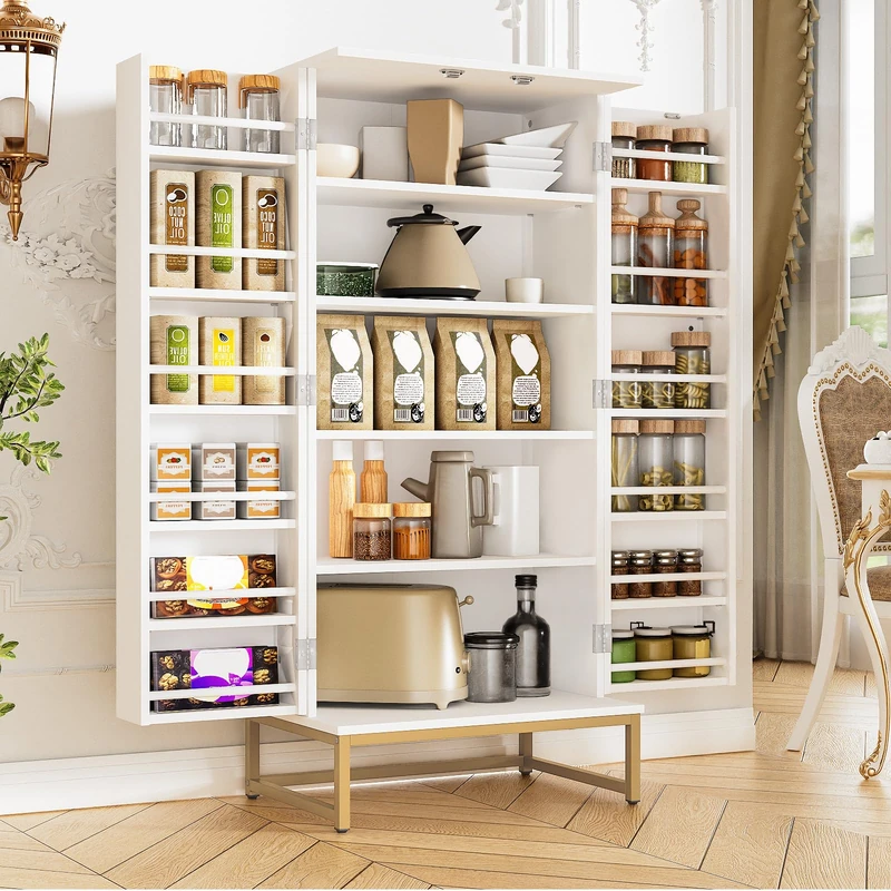 Feonase 51'' Kitchen Cupboard, Pantry Cabinet with Doors and Adjustable Shelves, Freestanding Storage Unit for Kitchen, Living Room and Dining Room, Gold Base, 60 x 40 x 130 cm