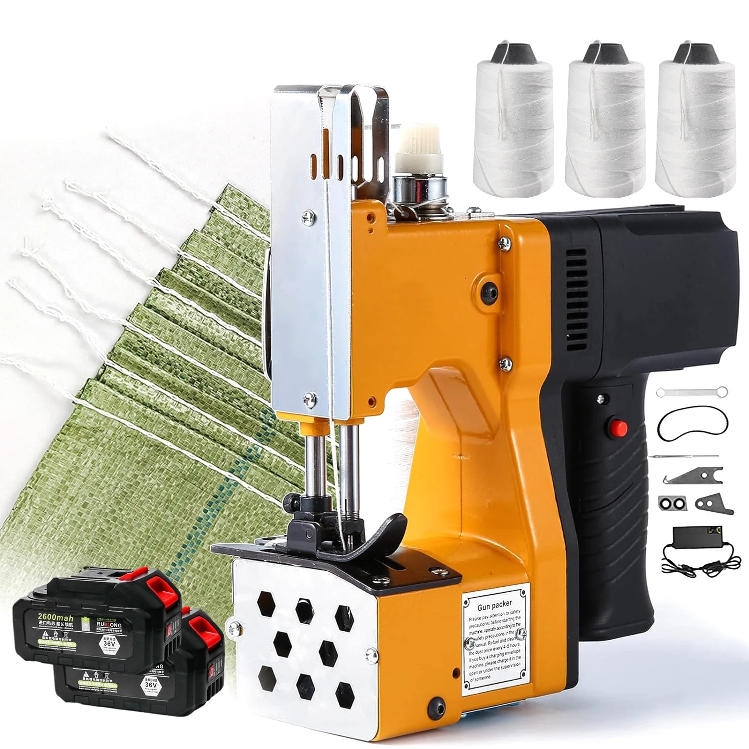 Cordless Bag Closer Sewing Machine, 36V 2600mAh Battery, Includes Threads, Ideal for Outdoor Sand and Woven PP Bags