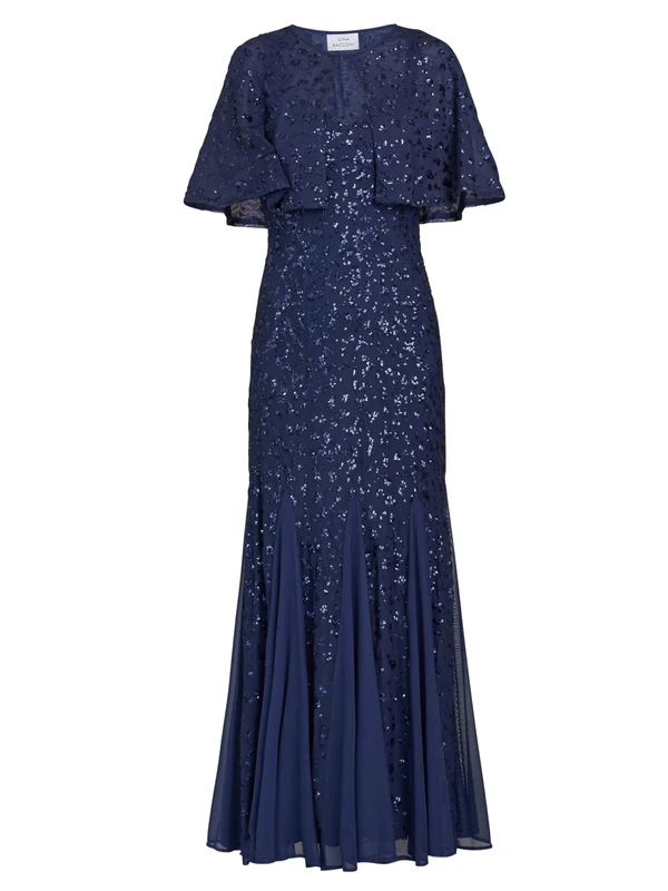 Gina Bacconi Womens Sequin Beaded Maxi and Jacket Dress - Navy