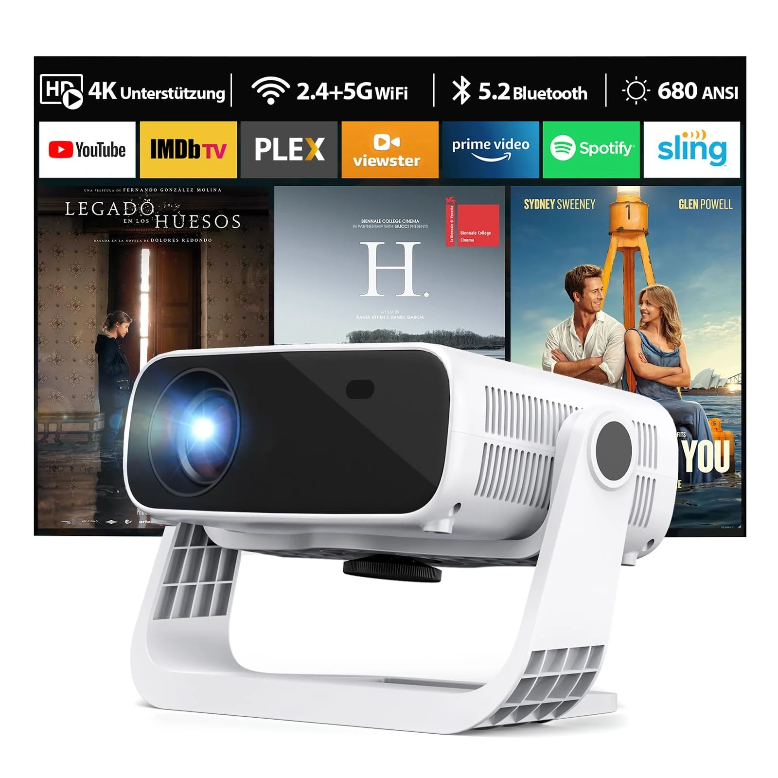 Wielio 2025 New Smart Projector Built-in Apps, Android 11, Native 1080P 4K Supported WiFi 6 Bluetooth 5.2, 28000 Lumens, Low Fan Noise (<30dB), Home Cinema Projector for iOS/Android/PS5