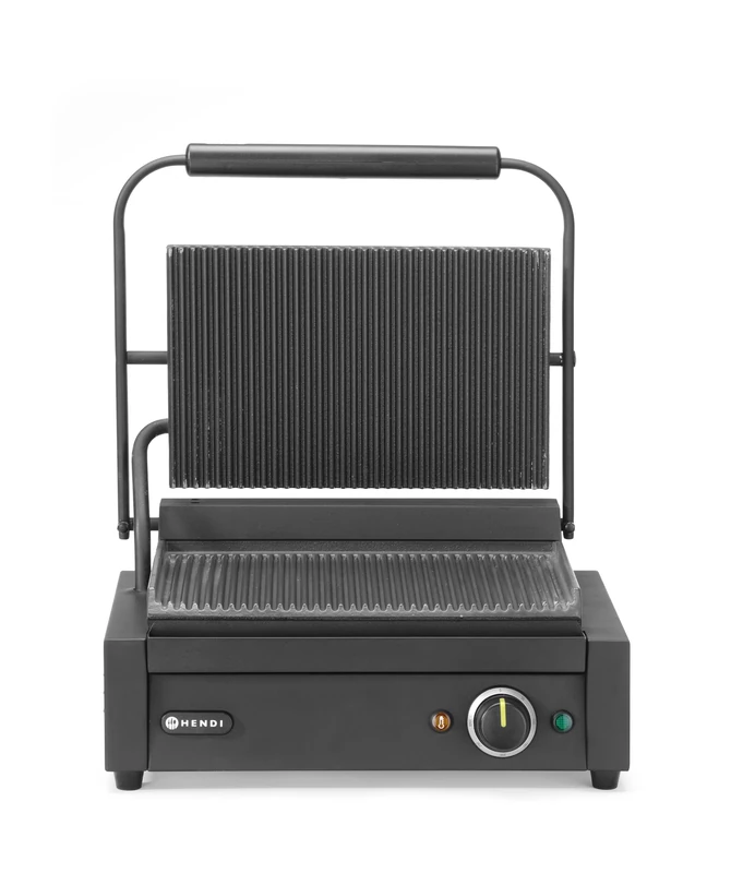 HENDI Panini Contact Grill, Grooved Model with BBQ Cleaning Brush, Adjustable Temperature up to 300°C, Cooking Surface 340 x 235 mm, Electric Grill, 230 V/2200 W, 430 x