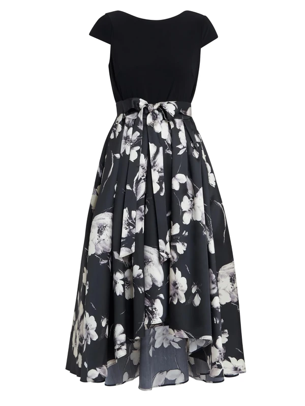 Gina Bacconi Women's Jersey and Jacquard Printed Dress Cocktail, Black/Ivory, 16