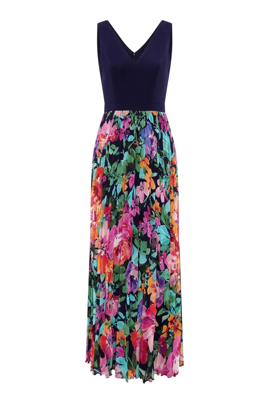 Gina Bacconi Women's Maxi Dress with Printed Pleated Skirt Cocktail, Navy/Multi, 16