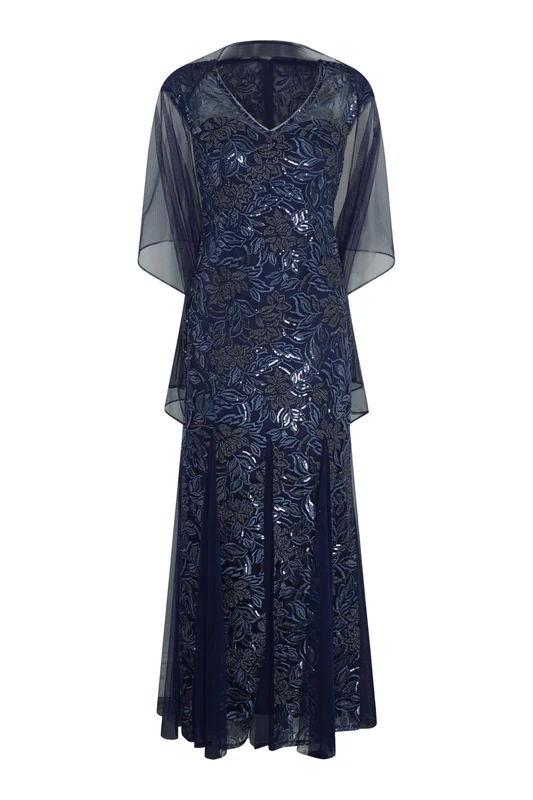 Gina Bacconi Maxi Dress with Matching Scarf, Navy, 20
