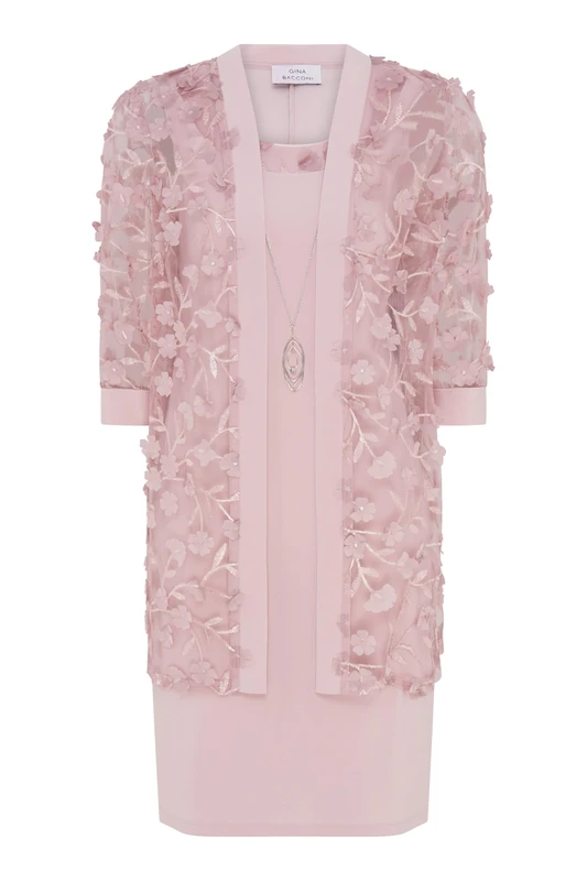 Gina Bacconi Floral Applique Dress Ad Jacket with Detachable Necklace, Blush, 18