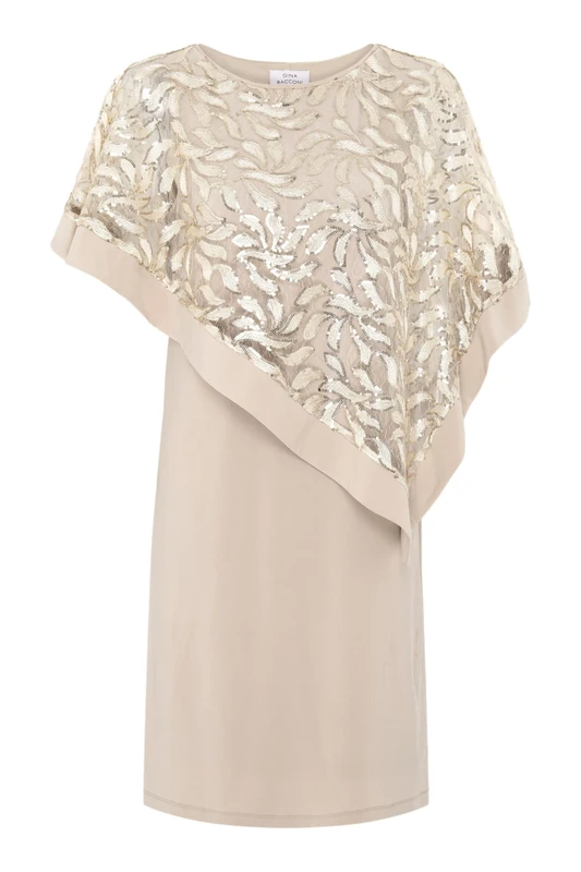 Gina Bacconi Embroidered Cape Dress, Champagne, 18