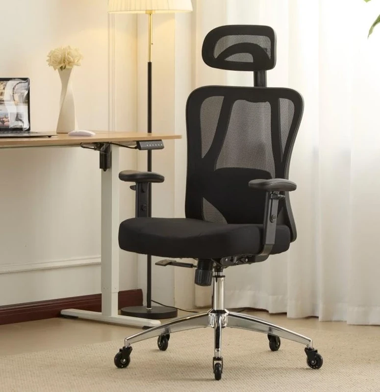 Home Source Lumo Ergonomic Office Chair – Adjustable Mesh Desk Chair with Headrest, Lumbar Support & Armrests, Breathable Back, Foam-Filled Seat, Steel Base & Smooth Wheels – Home & Office Comfort