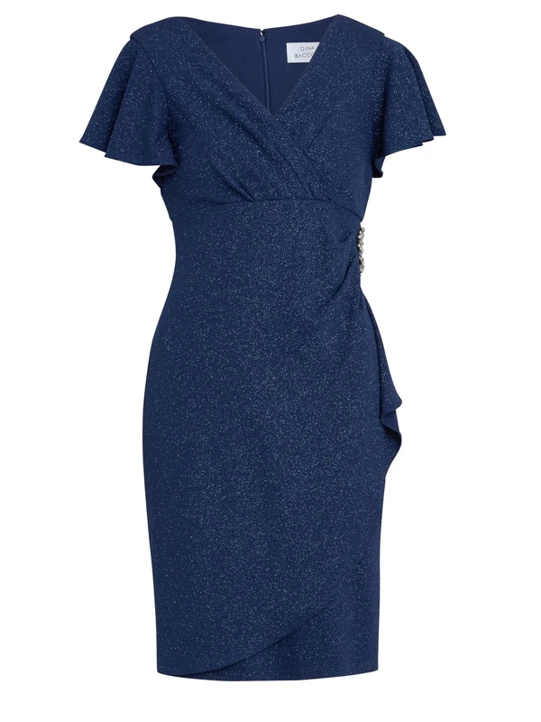 Gina Bacconi Metallic Midi Dress with Embellishment, Navy, 18