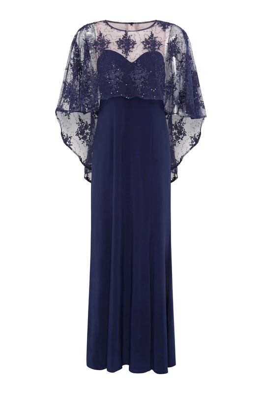 Gina Bacconi Women's Jersey Maxi Dress with Lace Cape Cocktail, Navy/Nude, 18