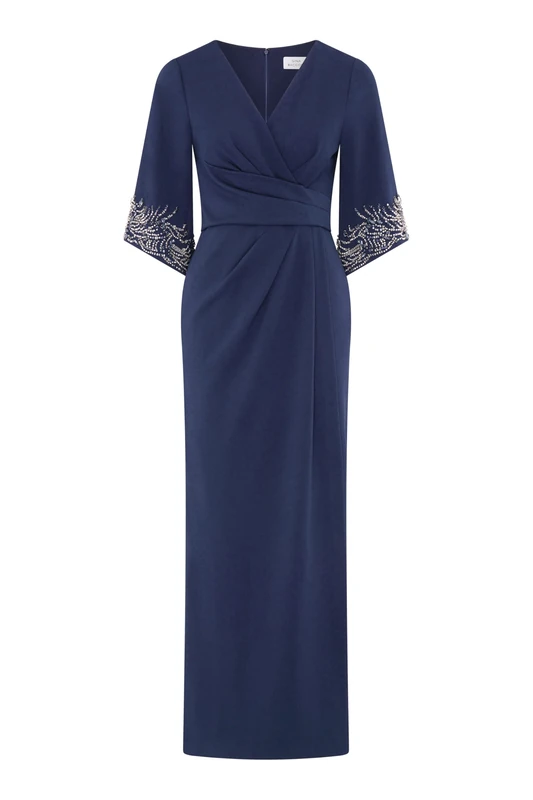 Gina Bacconi Women's Embellished Sleeve Maxi Dress Cocktail, Navy, 10