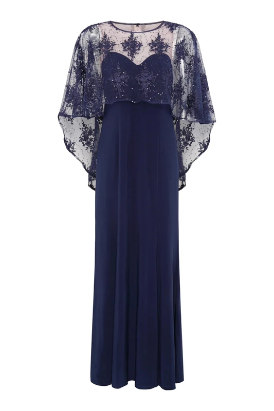 Gina Bacconi Women's Jersey Maxi Dress with Lace Cape Cocktail, Navy/Nude, 14