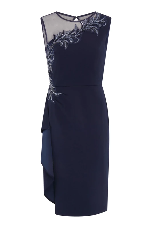 Gina Bacconi Women's Crepe Dress with Beading Detail Cocktail, Navy, 22