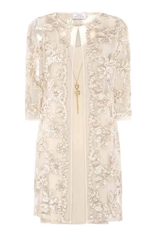Gina Bacconi Women's Floral Soutache Dress Ad Jacket with Detachable Necklace Cocktail, Champagne, 16