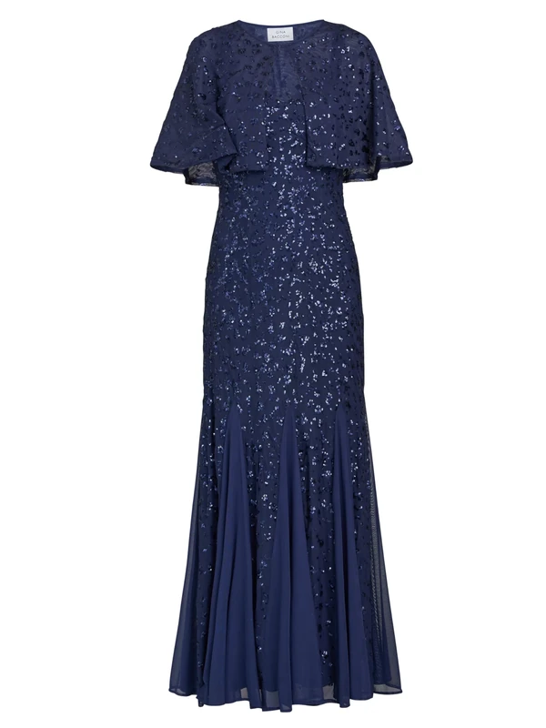 Gina Bacconi Women's Sequin Beaded Maxi Dress and Jacket Cocktail, Navy, 22