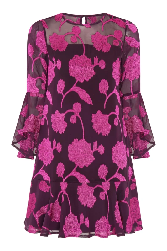 Gina Bacconi Isabella Embroidered Fit and Flare Dress - Fuchsia - Image 1