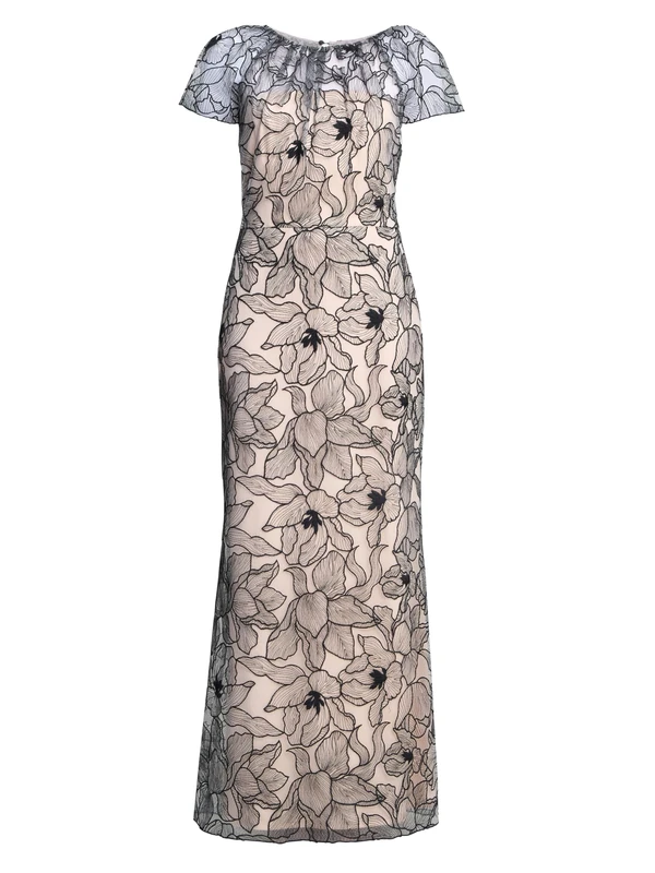 Gina Bacconi Women's Floral Embroidered Mesh Maxi Dress Cocktail, Black/White, 10