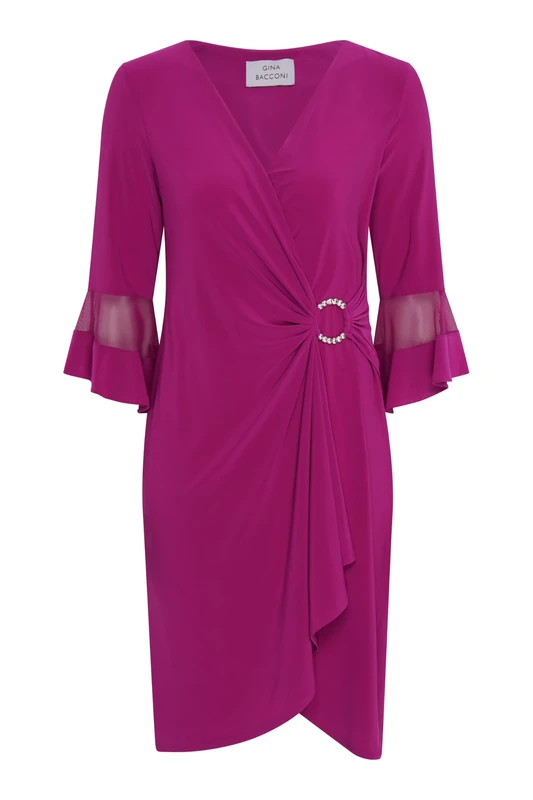 Gina Bacconi Women's Flutted Sleeve Wrap Dress Cocktail, Magenta, 14