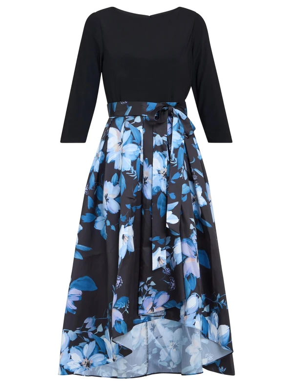 Gina Bacconi Womens Printed High/Low Midi Cocktail Dress, Black/Multi, 14 UK