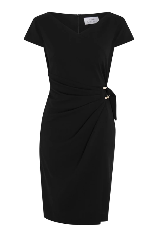 Gina Bacconi Women's Wrap Skirt Crepe Dress Cocktail, Black, 16