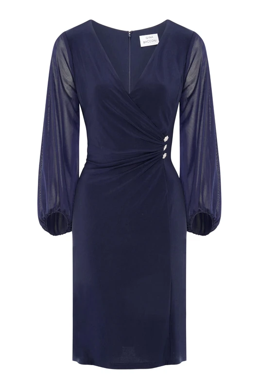 Gina Bacconi Women's Jersey Wrap with Mesh Sleeves Cocktail Dress, Navy, 12