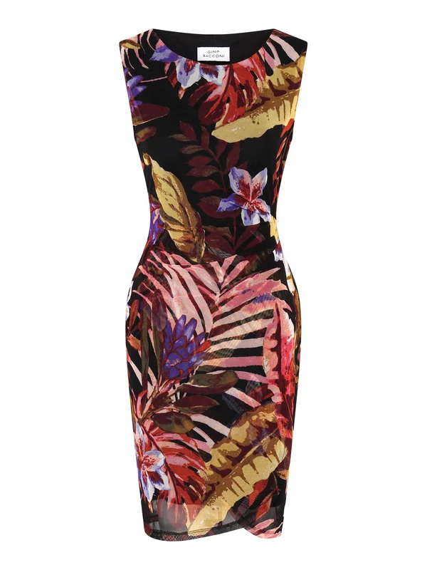 Gina Bacconi Women's Tropical Print Dress Cocktail, Black/Multi, 12