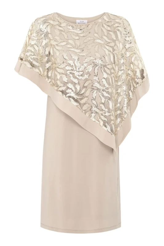 Gina Bacconi Women's Embroidered Cape Dress Cocktail, Champagne, 12