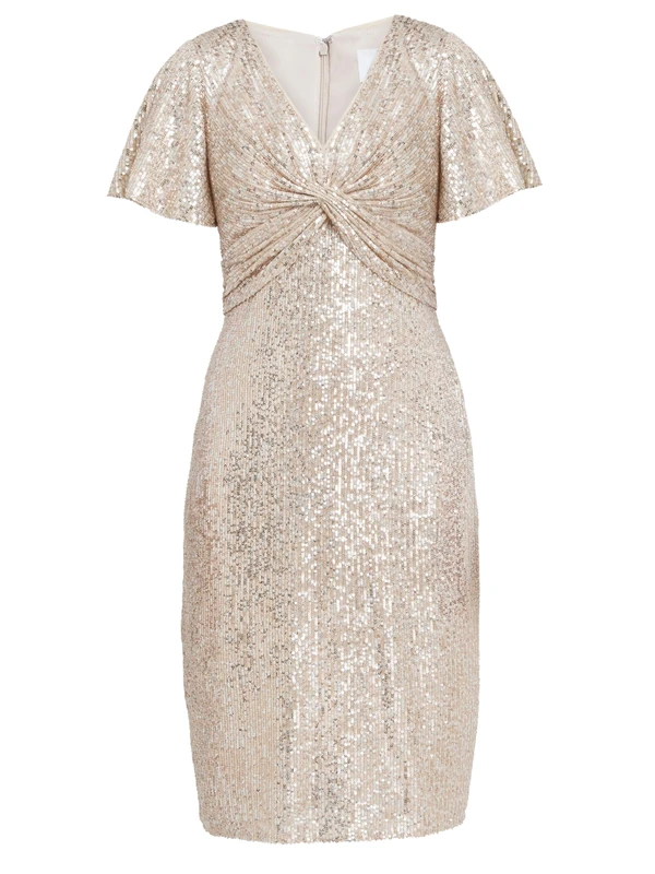 Gina Bacconi Women's V Neck Twist Sequin Dress Cocktail, Taupe, 22 - Image 1