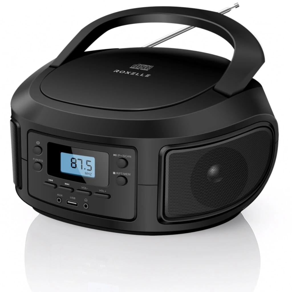 Roxelle Portable CD Player with Bluetooth, USB MP3 Playback, FM Radio, AUX In, Earphone Jack, LCD Display, Dual Power (AC/Battery), Repeat & Random Play, Lightweight Boombox Design, CD-200
