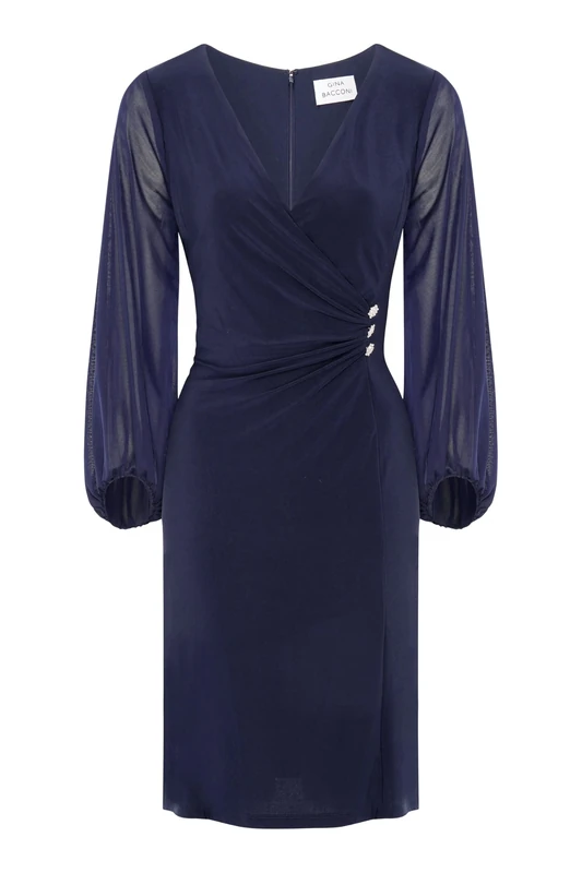 Gina Bacconi Women's Jersey Wrap with Mesh Sleeves Cocktail Dress, Navy, 18