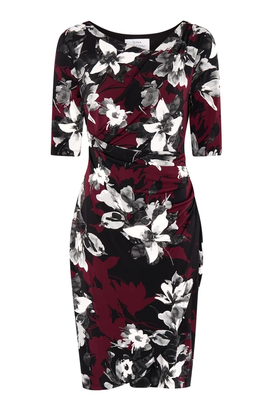 Gina Bacconi Women's Floral Jersey Dress Cocktail, Black/RED, 20
