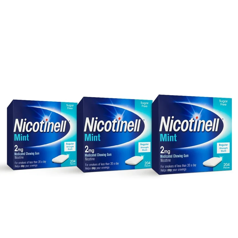 Nicotinell Mint Gum 2mg (3 x 204 Pieces), Stop Smoking Aid, Sugar Free Nicotine Gum, Mint Flavour, 2mg Regular Strength for Light Smokers, Quit Smoking Aid, 12 Week Bundle