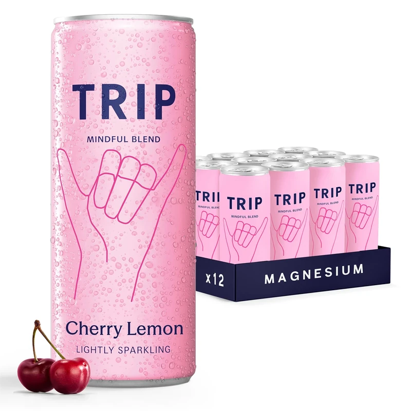 TRIP Cherry Lemon Sparkling Drink with 120MG calming Magnesium + Lion’s Mane + Chamomile + Lemon Balm. Low Calorie, No Added Sugar and Vegan (Pack of 12 x 250ml)