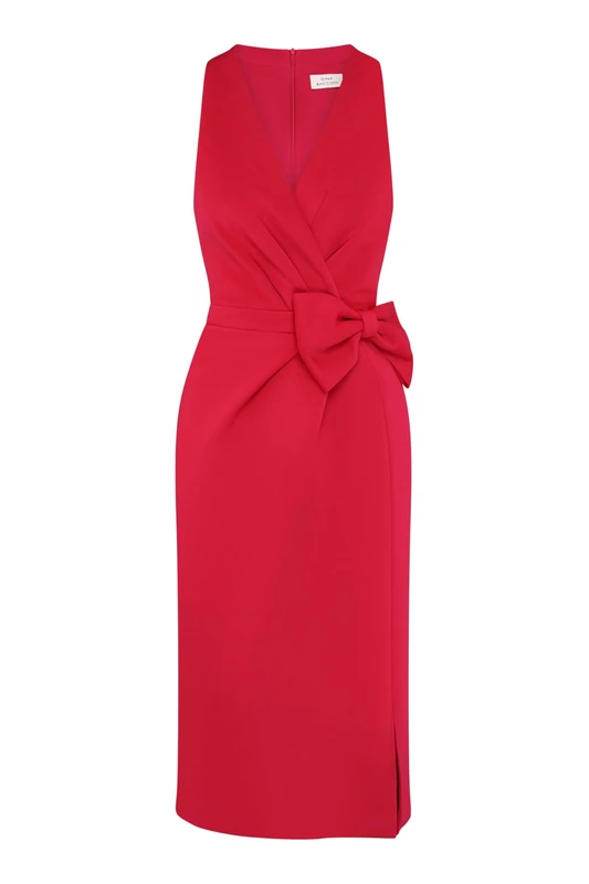 Gina Bacconi Women's Bow Detail Midi Dress Cocktail, RED, 10