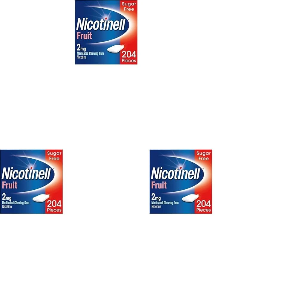 Nicotinell Fruit Gum 2mg (3 x 204 Pieces), Stop Smoking Aid, Sugar Free Nicotine Gum, Mild Fruit Flavour, 2mg Regular Strength for Light Smokers, Quit Smoking Aid