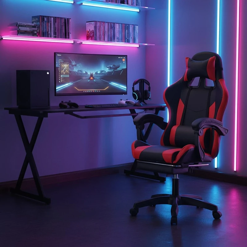 Home Source Neuro Gaming & Office Chair – Ergonomic Racing-Style Chair with Adjustable Height, Recline, Lumbar & Headrest Support, Armrests & Footrest – PVC Upholstery, Foam Padding, Durable Base