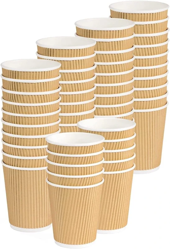 ECOVELO Disposable Ripple Paper Cups Triple Layer Double Wall Insulated Havana Beige - Recyclable PE Takeaway Catering for Long Coffee, Tea, Cappuccino, Cocktail, Herbal Tea, Wine (350ml/12oz)