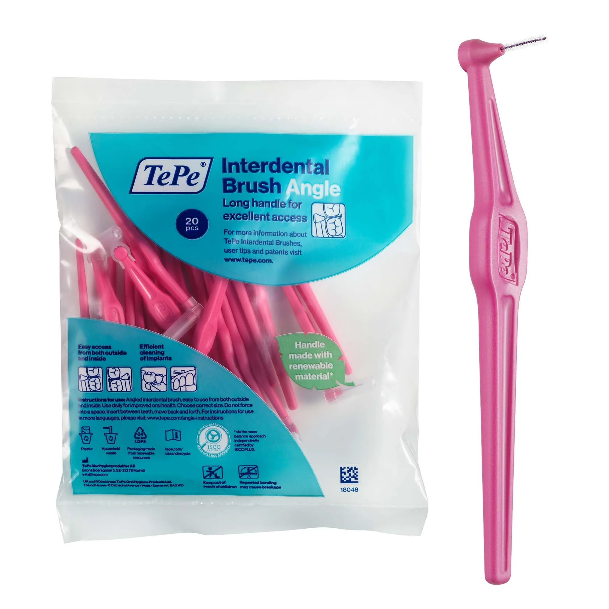 TePe Interdental Brush Angle, Pink, 0.4mm/ISO 0, 20pcs, Interspace Cleaning, Plaque Remover for Teeth with Narrow Gaps, ensures Strong Gums