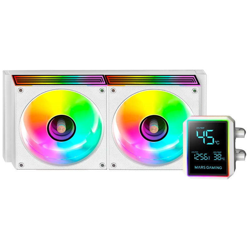 Mars Gaming ML-LCDPRO240 AIO Liquid Cooling 500W TDP, 2.8" Multimonitor LCD Screen, 4th Gen Opti-Chamber Pump with Copper Base, 2× 120 mm ARGB Infinity Mirror Fans, White