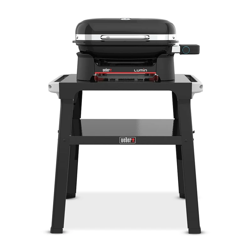 Weber Lumin Compact Electric Grill with Stand, Up to 315 °C, with Lid Thermometer, Porcelain Enamelled Cast Iron Racks, 43 x 32 cm Grill Surface, Black (1501653)