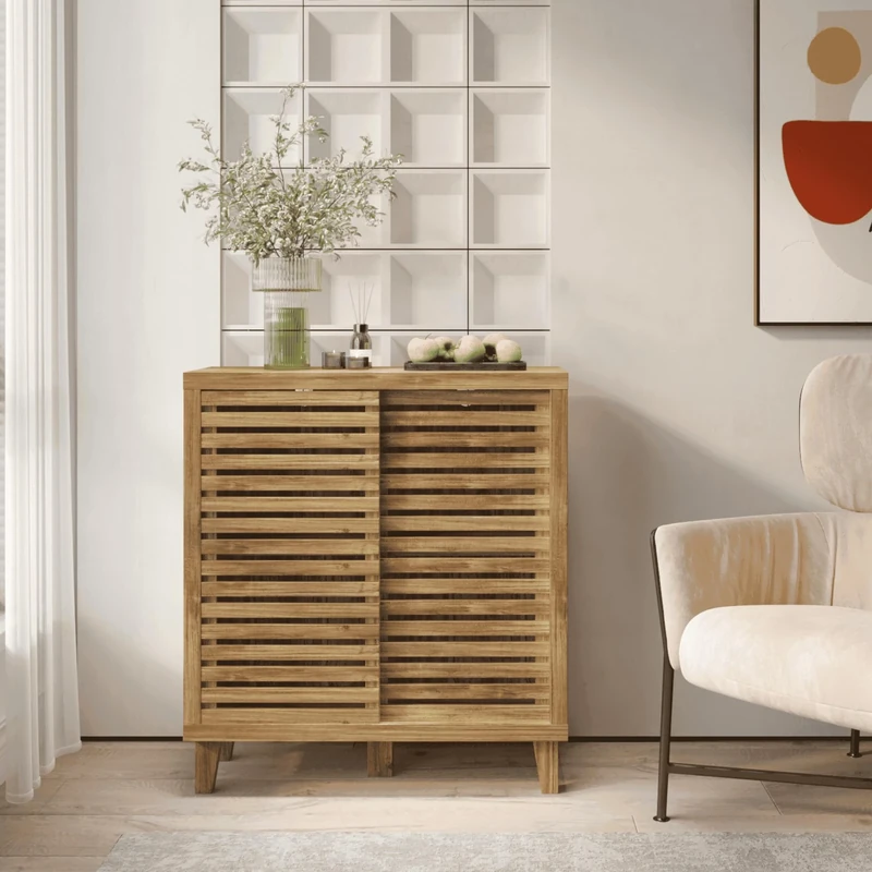 Home Source Sliding Door Sideboard – Modern Mango Oak Storage Cabinet for Living Room, Hallway or Dining Room – Compact Wooden Sideboard with Shelves – Durable MDF & Particle Board Unit