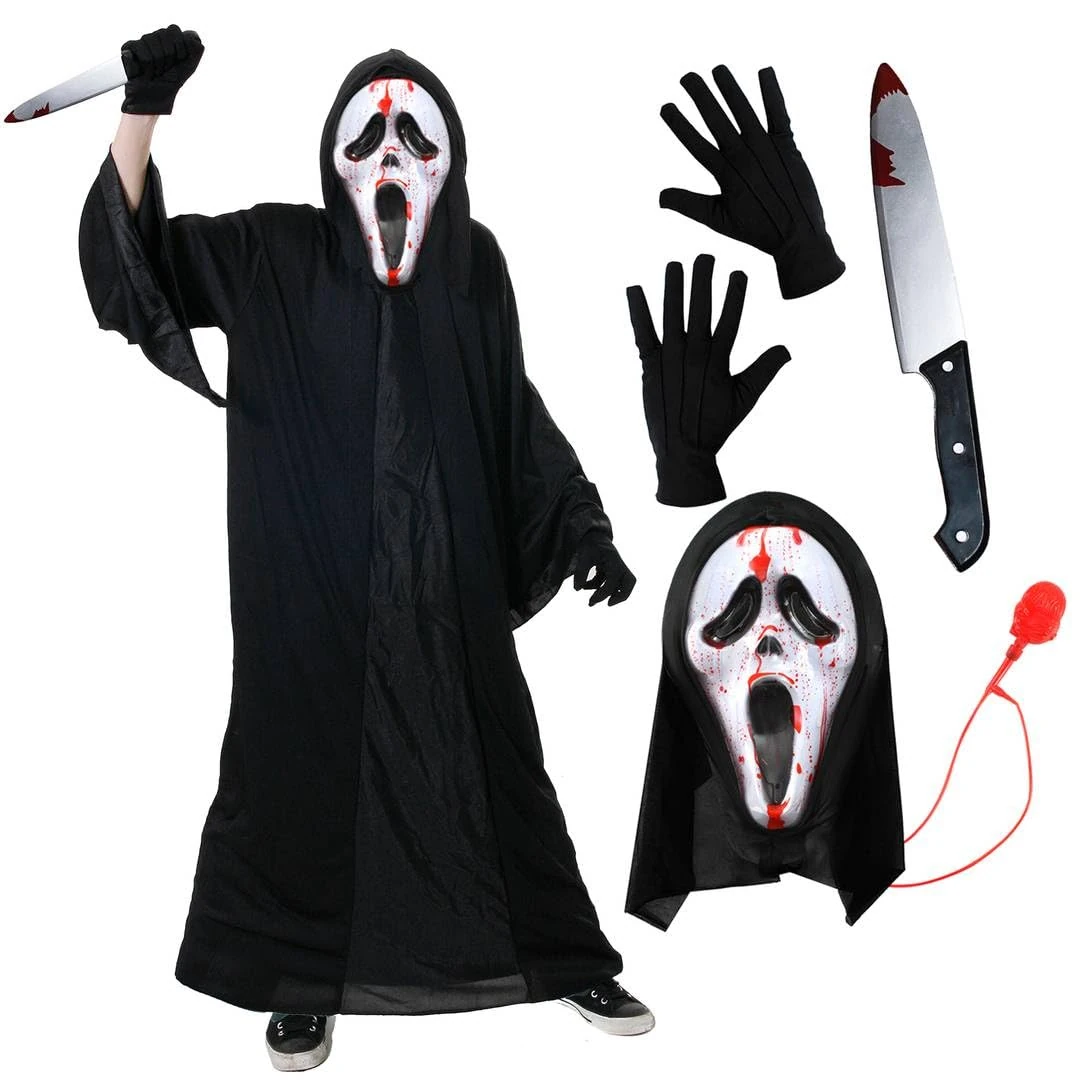 Deluxe Screamer Costume Set – Blood Pump Ghost Face Mask Black Hooded Robe with Bloody Scream Knife – Halloween Horror Fancy Dress Outfit for Adults