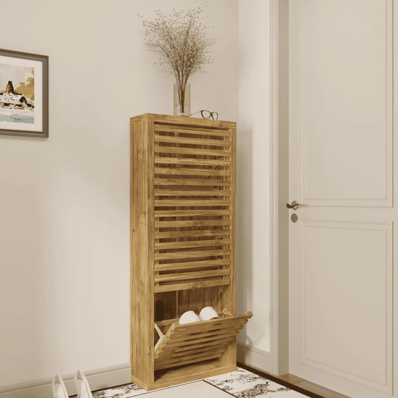 Home Source 3 Tier Shoe Cabinet – Modern Tall Shoe Storage Cupboard for 18 Pairs – Space-Saving 3 Door Flip-Down Shoe Rack for Hallway, Bedroom or Porch – Durable Wooden Shoe Organiser in Oak Finish