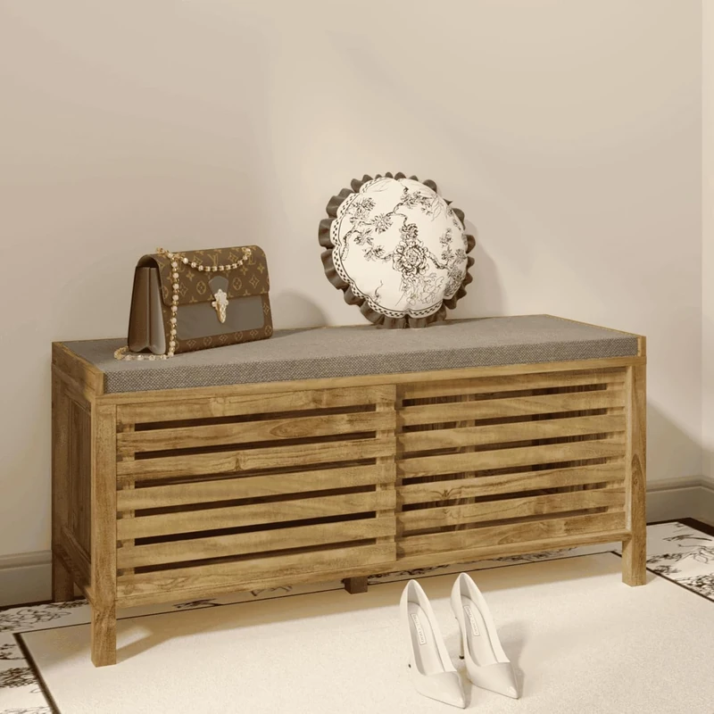 Home Source Sliding Door Shoe Cabinet with Padded Cushion – Mango Oak Hallway Shoe Bench for 12 Pairs – Modern Storage Seat with Soft Fabric Top – Durable Wooden Shoe Rack for Hallway