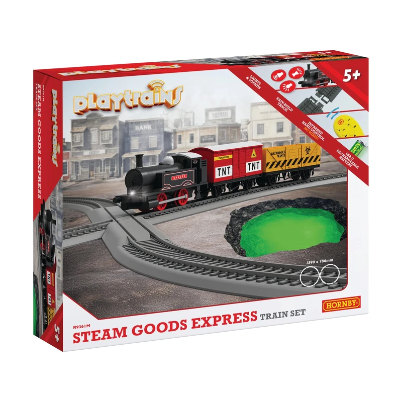 Hornby R9361M Playtrains Steam Goods Express Train Set - Kids Toy Trains for Ages 5+, Remote Controlled USB Rechargeable Locomotive with 2 Wagons, Track & Infrared Controller, Children's Train Sets