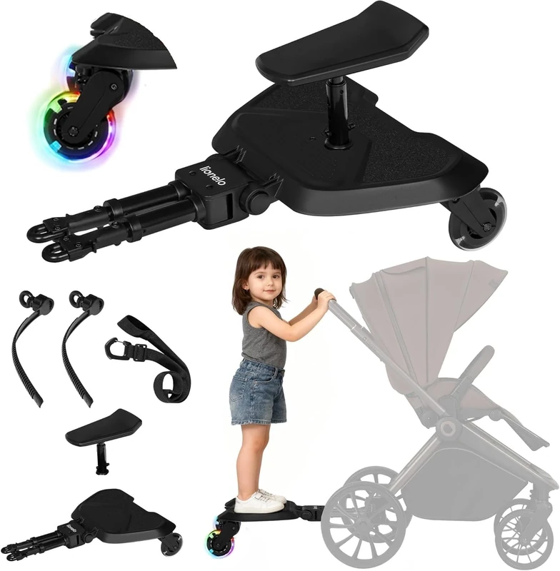 LIONELO Universal Buggy Board with Seat for Strollers with Detachable Seat, Footrest, Load Capacity 25 kg, Suspension, Universal Mounting, LED Wheels, Kiddy Board Accessory for Children Age 2–5