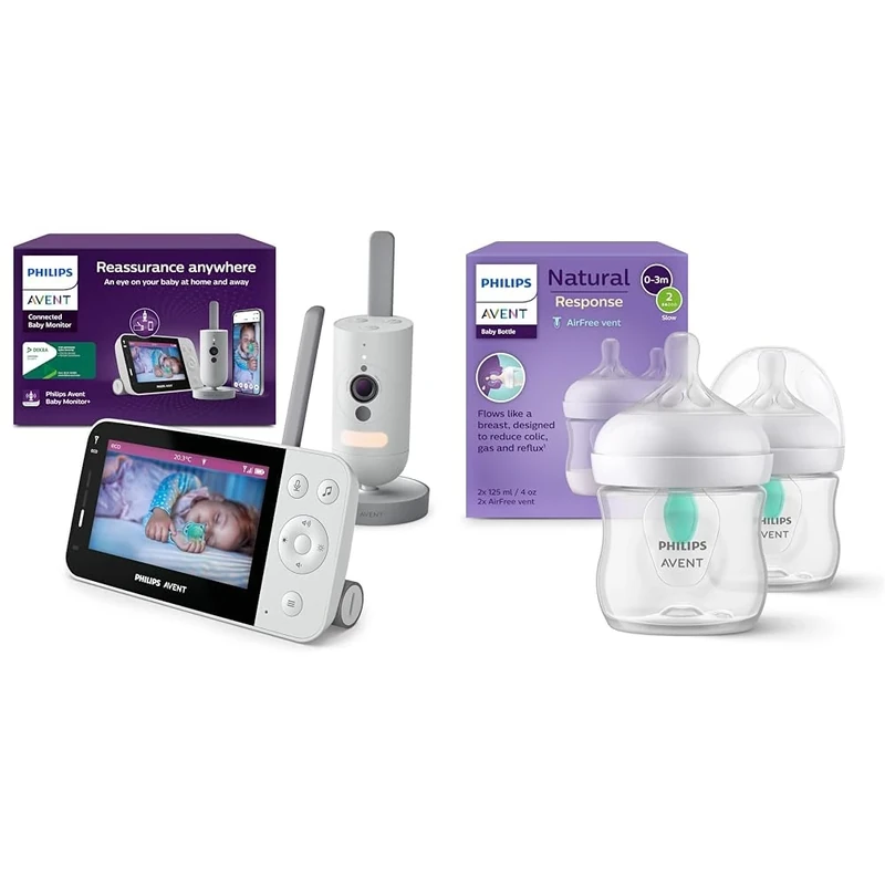 PHILIPS Avent Connected Baby Monitor with WiFi, HD Camera, Cry Detection, Model SCD951/26 Avent Natural Response Baby Bottle - 2X 125ml Baby Milk Bottle with AirFree Vent, Model SCY670/02