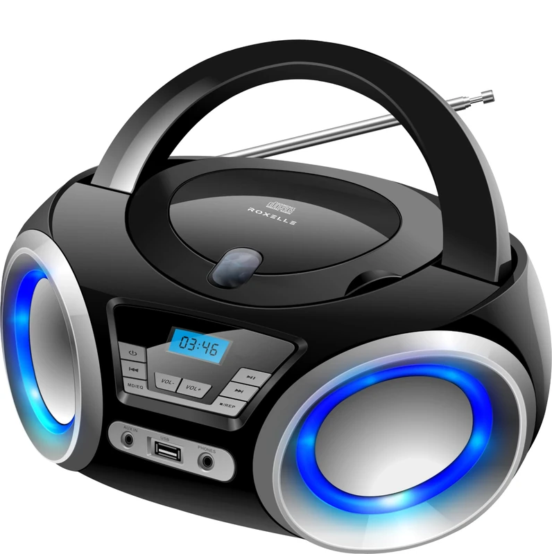 Roxelle CD-300 Portable CD Player with BT Streaming, FM Radio, USB MP3 Playback, AUX Input, Vibrant RGB Lighting, Dual Power (AC/Battery), LCD Display, Headphone socket