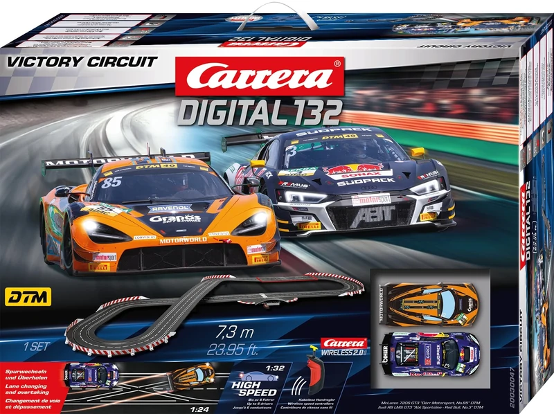 Carrera Digital 132 Victory Circuit 1:32 Scale 7.3 Metres With McLaren 720S GT3 Dörr Motorsport No85 and the Audi R8 LMS GT3 Abt Sportsline Kelvin vd Linde No3, UK Plug Version