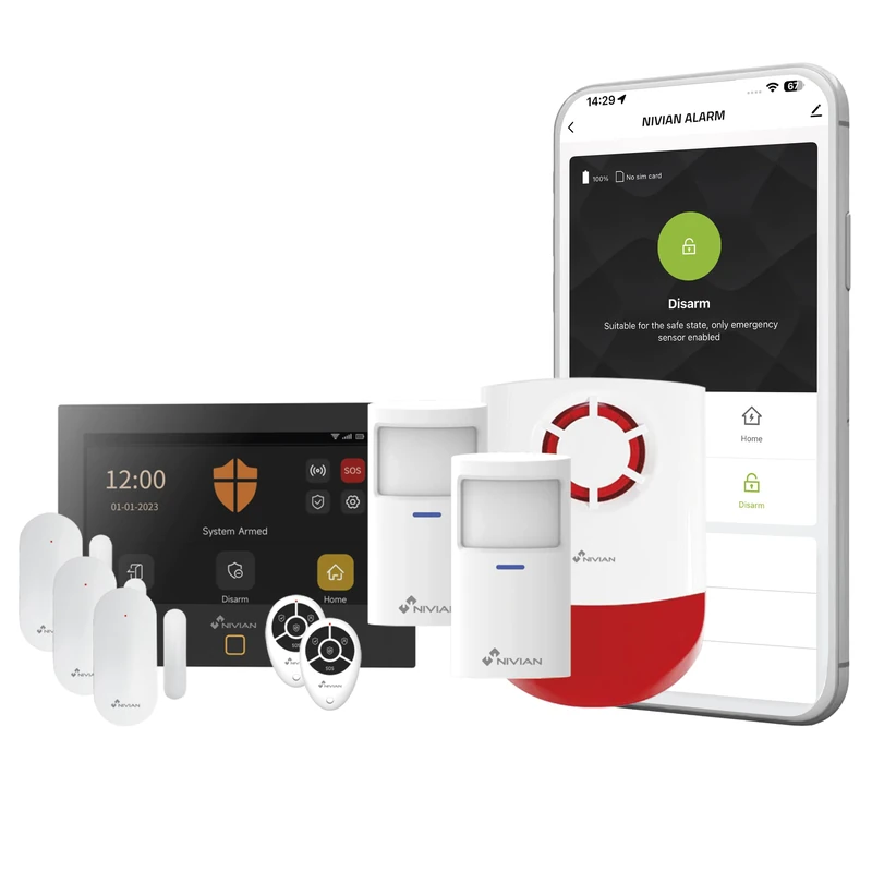 NIVIAN WiFi + GSM Alarm System 7 Inch Touch Screen - Complete Home Kit with 3 Opening Sensors, 2 Motion Sensors, Siren, Remote Controls - Dual Security WiFi & SIM - Tuya App