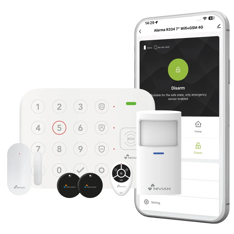 NIVIAN - Smart WiFi Alarm System for Home or Business, Kit with Motion Sensor, Door Sensor, Remote Control and RFID | No Fees, App and Voice Control | Easy Wireless Installation